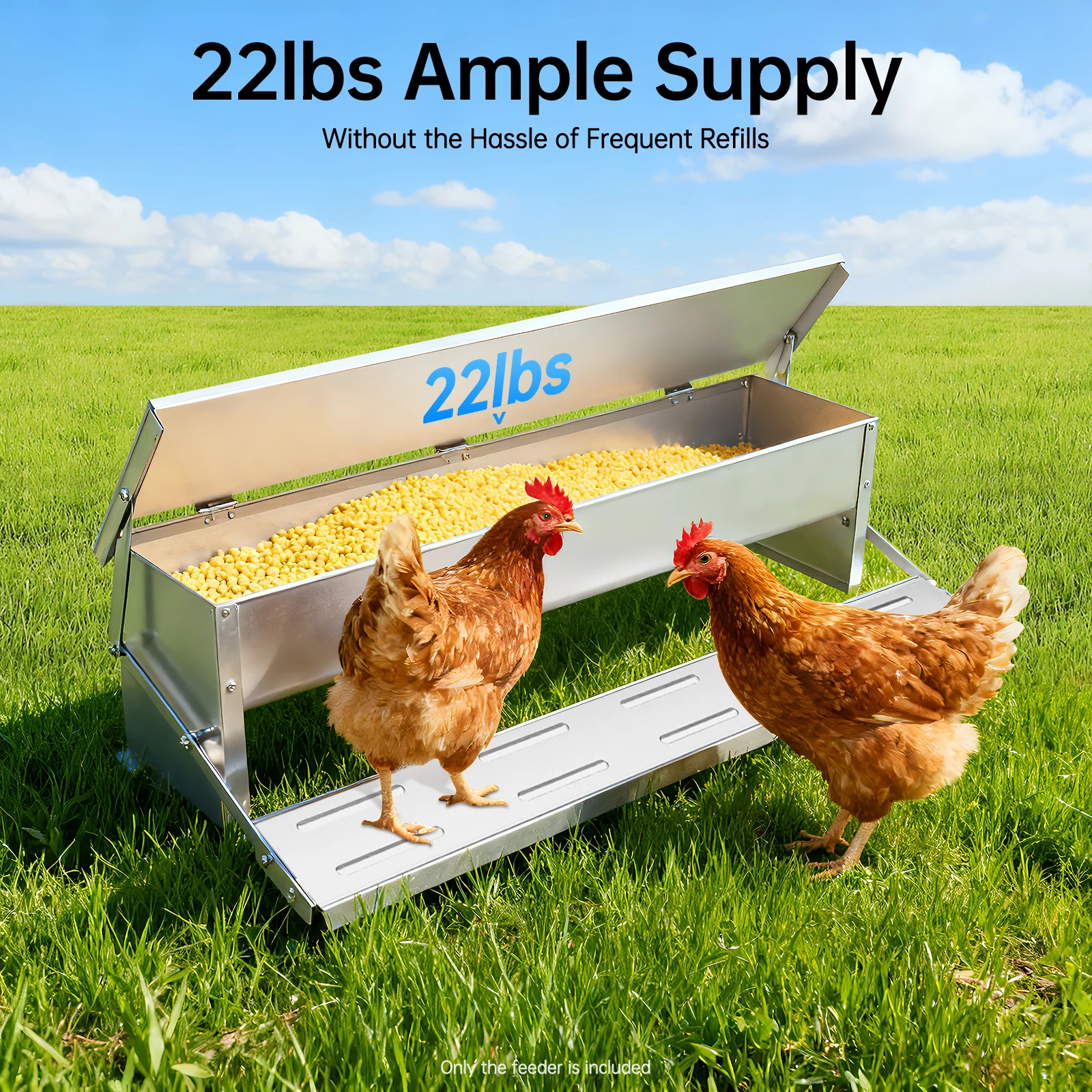 Automatic Chicken Feeder 22lbs, Galvanized Steel, Foot Pedal Operated, Rodent Proof, Large Capacity for Chickens Ducks Geese