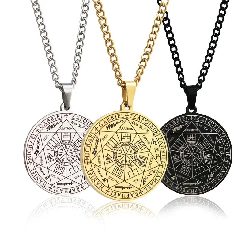 

CHUANGCHENG Angel Seal Rune Six Point Star Pendant Stainless Steel Round Plate Men's Necklace Chains