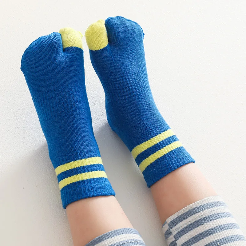 5 Pairs Children Tabi Socks Pure Cotton Fashion Striped Mid-tube Two Toe Sock Kids Student Baby Boys Girls Clogs Socks with Toes