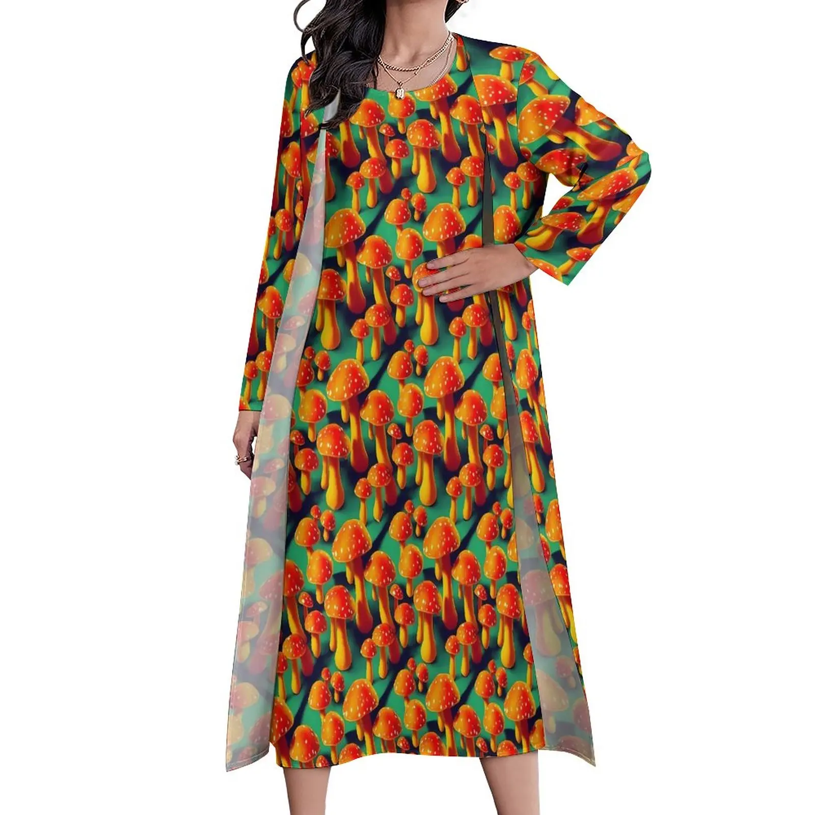 

Magic Mushroom Dress Trippy Orange Mushrooms Party Maxi Dress Two Piece Boho Beach Long Dresses Street Wear Oversized Clothing