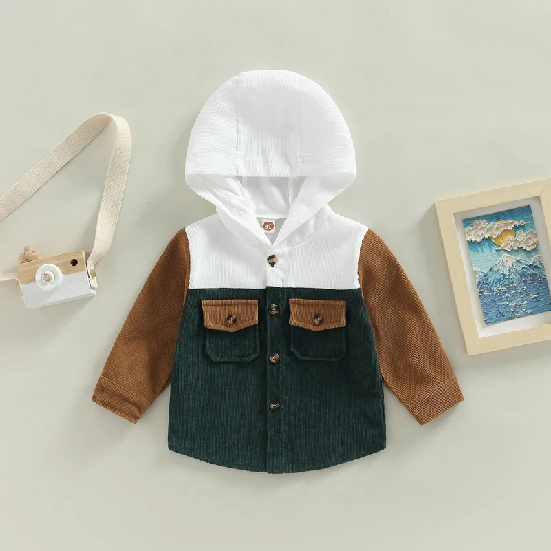 FOCUSNORM 1-6Y Fashion Autumn Casual Kids Boys Jacket 2 Colors Patchwork Long Sleeve Hooded Single Breasted Coats