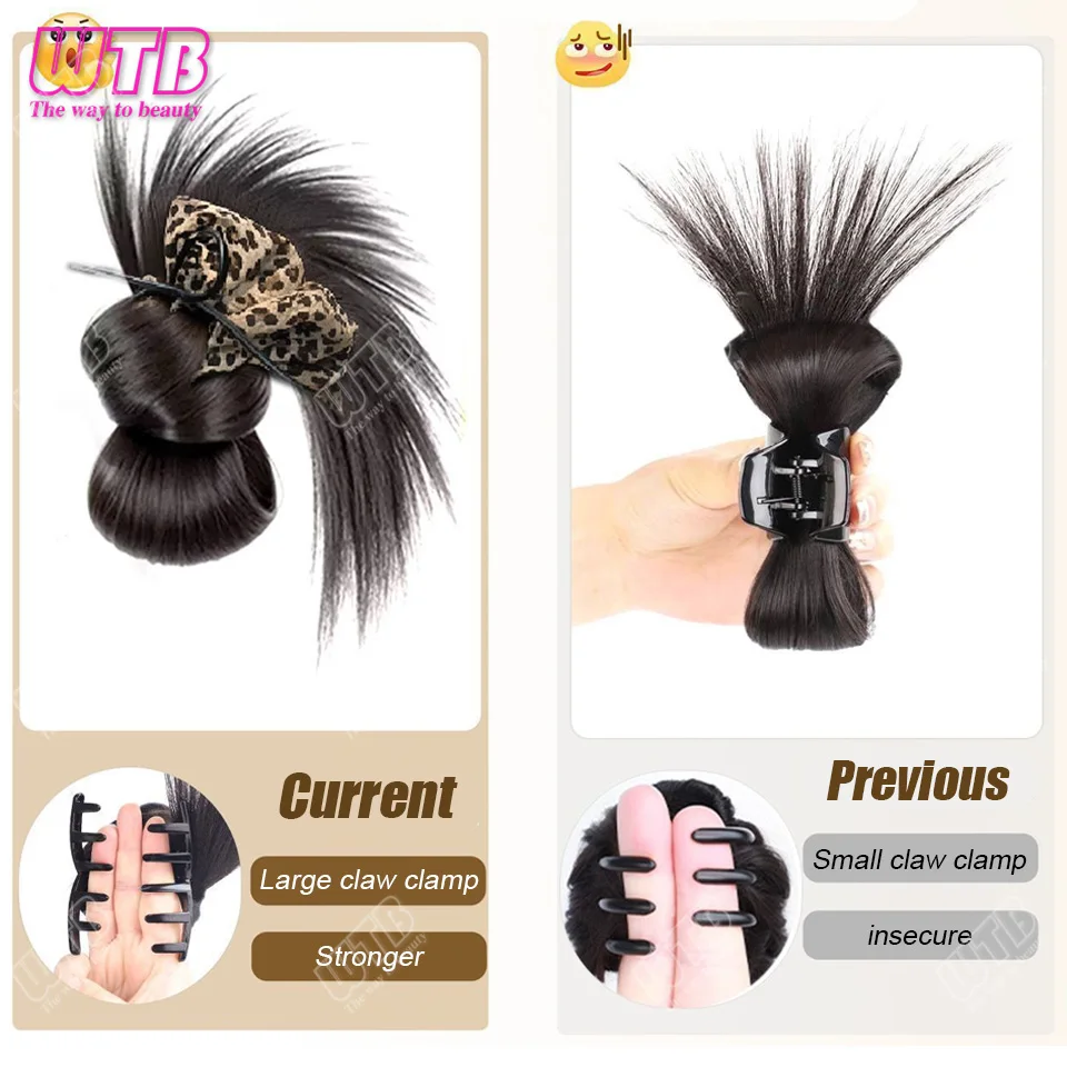 레오파드 프린트 합성 번 가발 클로 클립 치킨 페더 합성 번 패션 가발 자연스러운 풍성한 로우 포니테일 가발