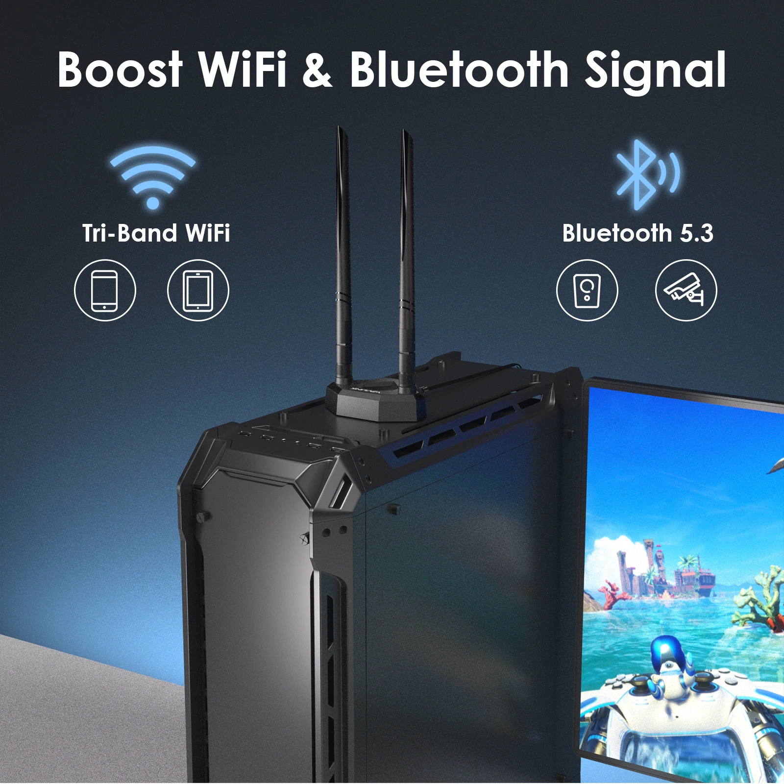 Antenna WiFi Tripla Banda 2.4/5.8/6 GHz 12dBi Con SMA E Cavo 140cm Per PC E Router - 4