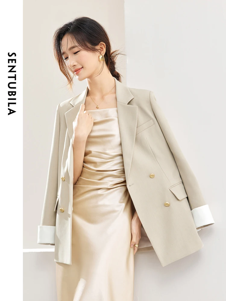 SENTUBILA Straight-cut Blazer for Women 2024 Spring Office Wear Light Khaki Suit Jacket Padded Shoulder Blazers Coat 141X53157
