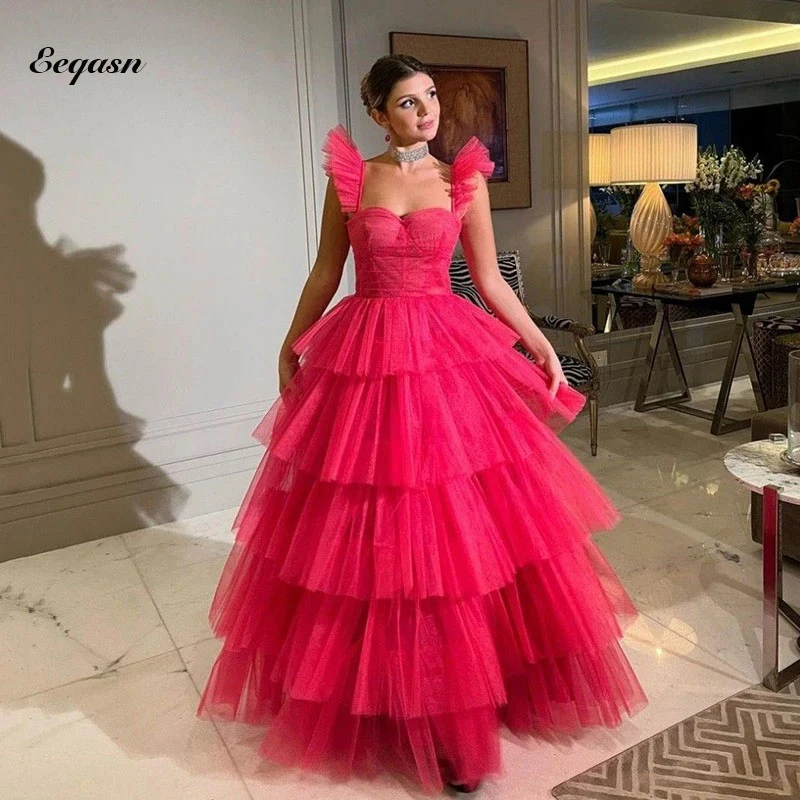 Unique Fushcia Women Evening Dress Layered Tulle A Line Prom Gown Green Black Red Formal Dresses Graduation Robe de soiree