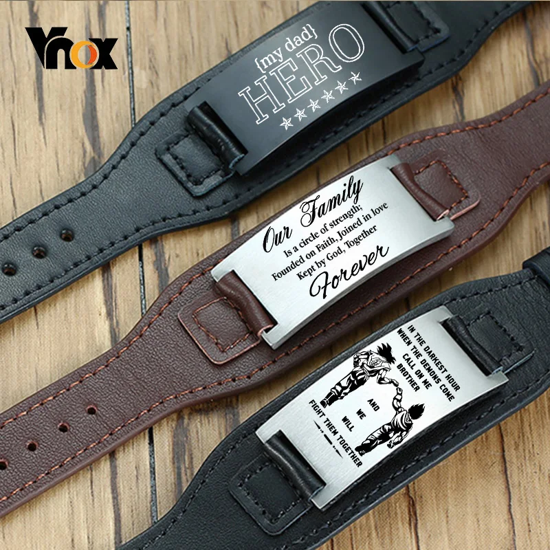 Vnox Free Personalize Men Bracelets Genuine Leather Wristband with Stainless Steel ID Bar Custom Gents Bangle