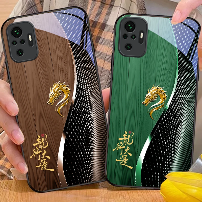 Elegant Black Tempered Glass Phone Case with Traditional Dragon Totem Design