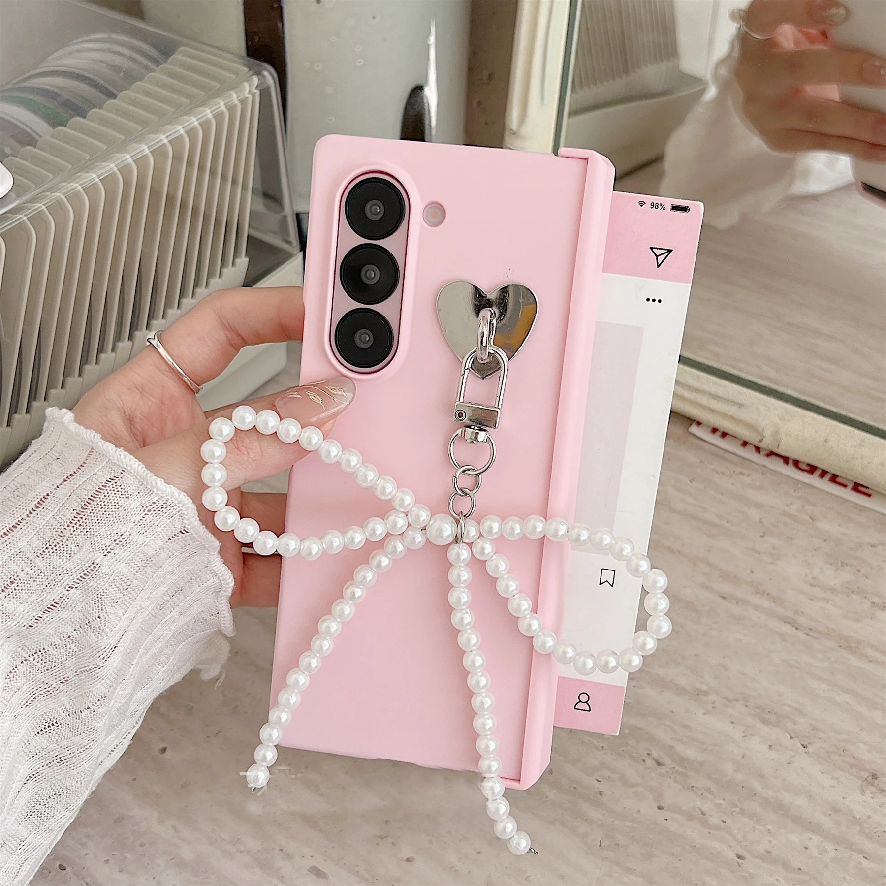 Luxury Simple Pink Phone Case with Pearl Bow Pendant