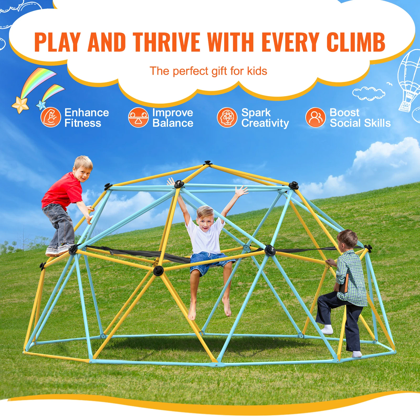 Outdoor Steel Climbing Dome with Hammock and Swing for Kids
