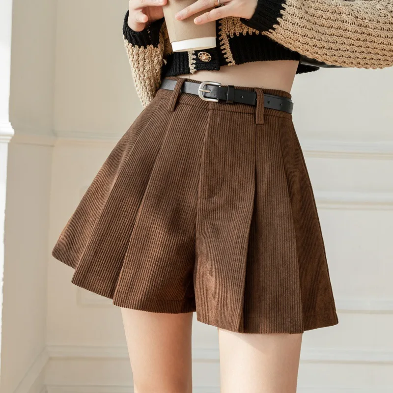 

Autumn Winter Corduroy Pleated Women's Shorts with Belted 2023 New High Waist Classic A-Line Short Trousers Female