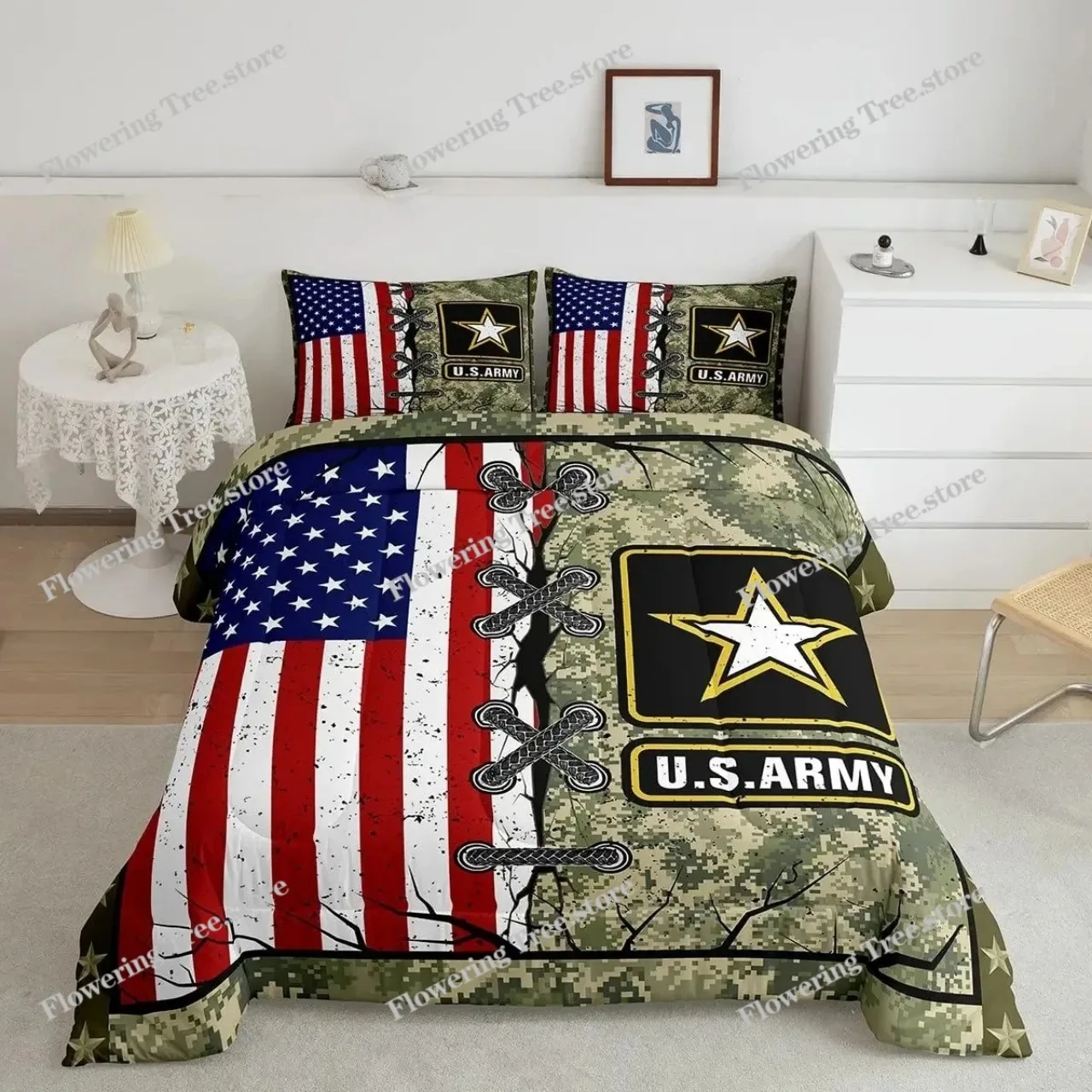 Grey Camo Comforter Bedding Set Full Size, Camouflage Army Design Bedding Collections for Kid Boy, Soft All-Season Bed Set 4