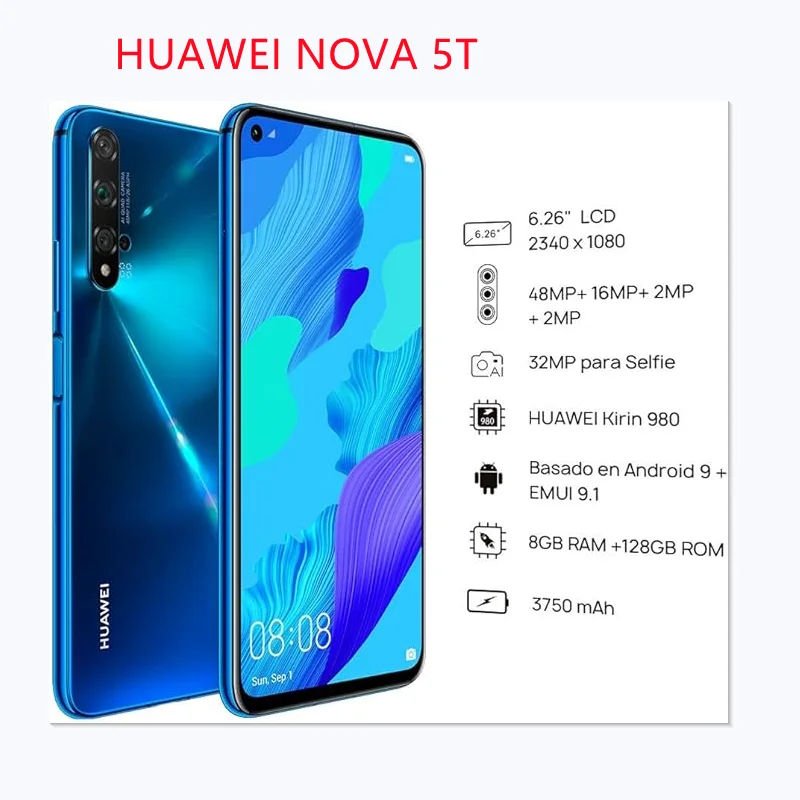 Global HUAWEI Nova 5T,Smartphone Android,Google Play Store,6.26