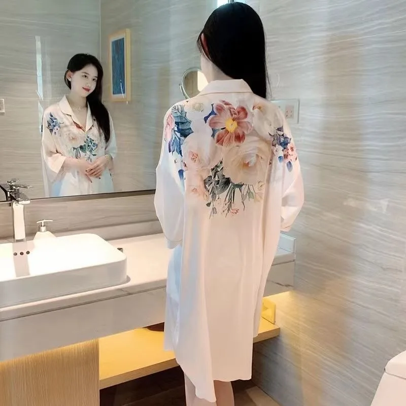 

Sexy nightgown women summer ice silk cool silky loose cardigan shirt women nightdress can be worn outside summer dress