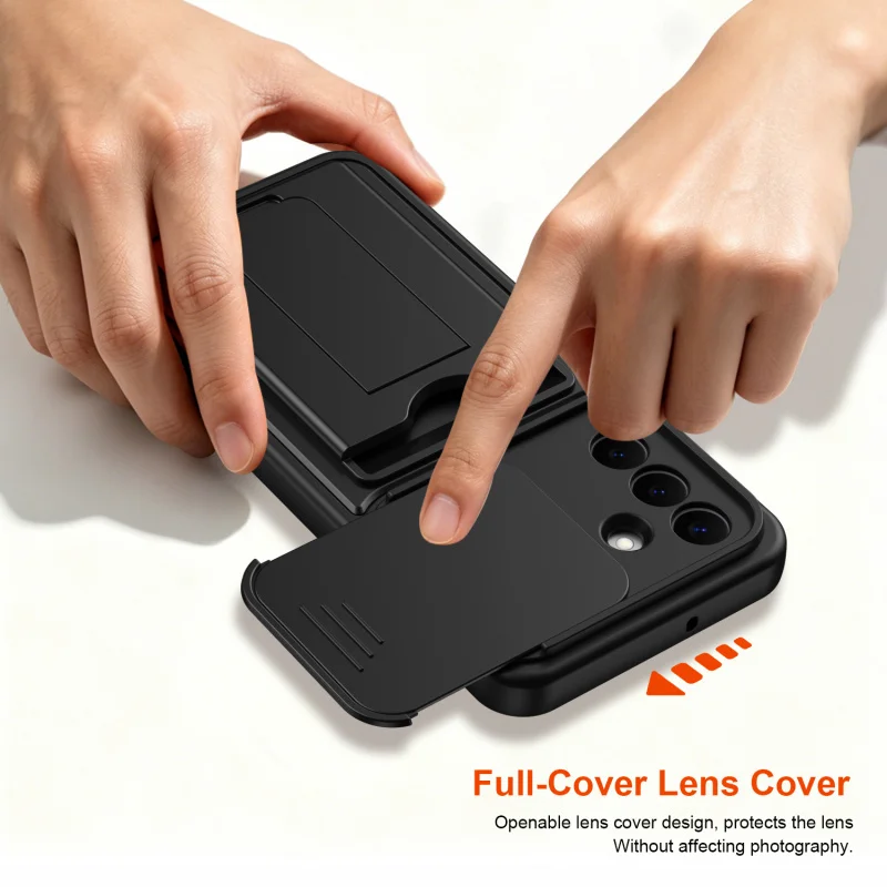 Mech Sliding Lens Card Holder Phone Case with Anti-Fall Protection