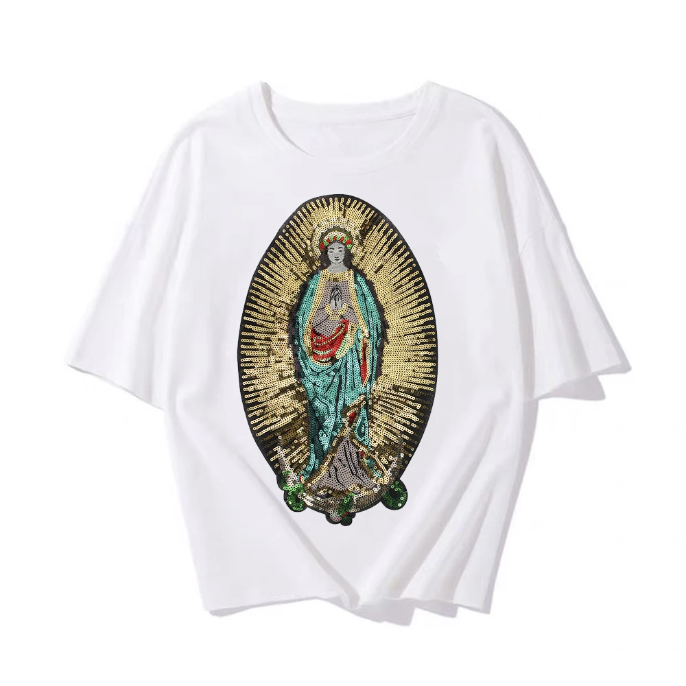 Blessed panenské maria bohyně zlato flitry vyšívané nášivka patche šít na odznak embellishments pro duchovní crafts&clothing