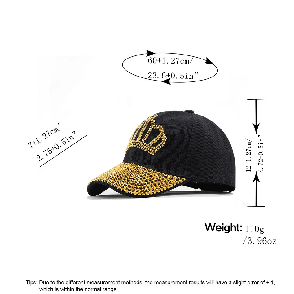 New Fashion Rhinestones Crown Decoration Black Baseball Cap Snapback Hat