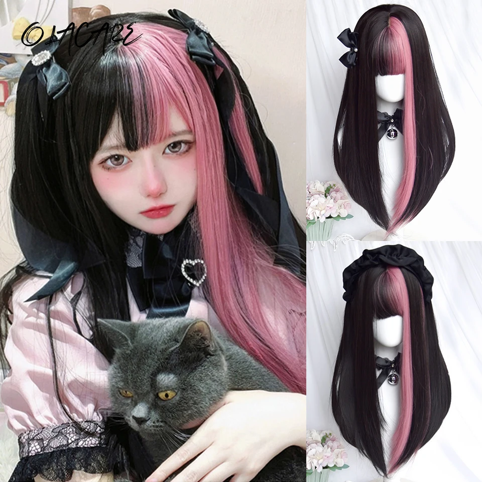 Synthetic Black Pink Hair Highlights Wig For Women Daily Wear
