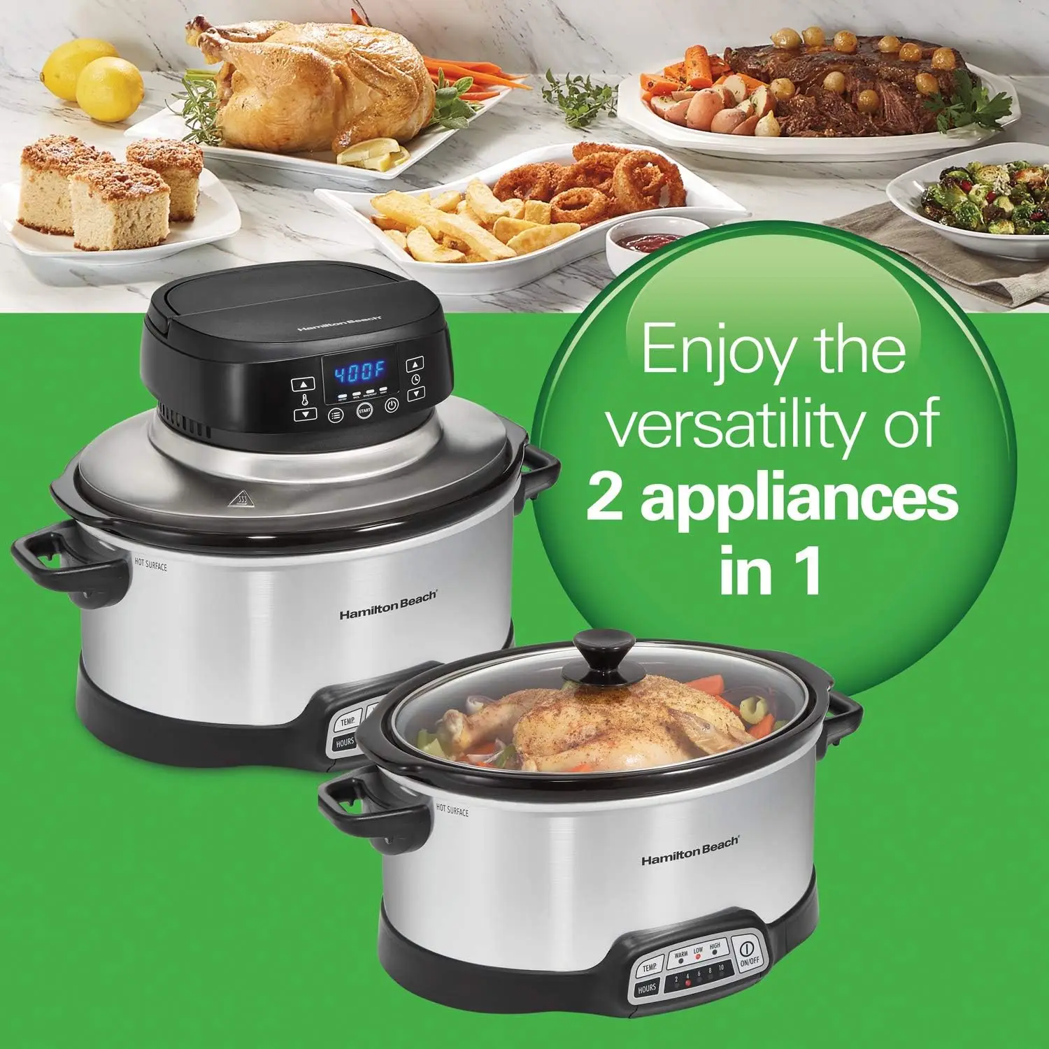 Beach 6 Quart Programmable Slow Cooker With Flexible Easy Programming, 5 Cooking Times, Air Fry Lid with 4 Settings, Di