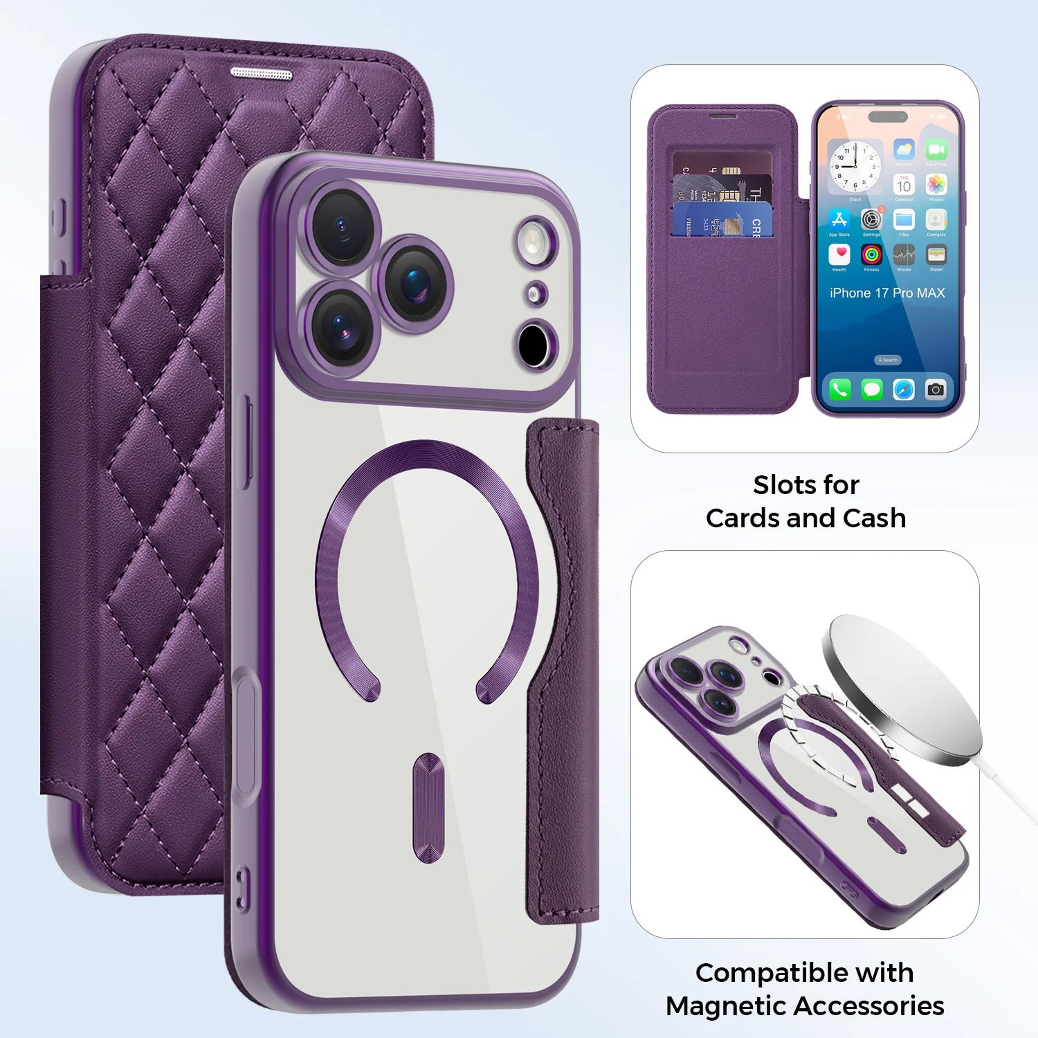 Premium Transparent Flip Leather Wallet Magnetic Phone Case with Card Holder and Magsafe Compatibility