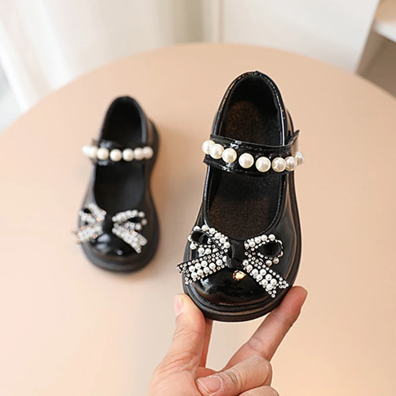 Girls Leather Shoes Spring Autumn Bowtie Pearls Beading Flats