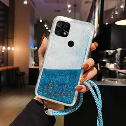 Glitter Liquid Silicone Lanyard Quicksand Phone Case for Redmi 12C (Blue)