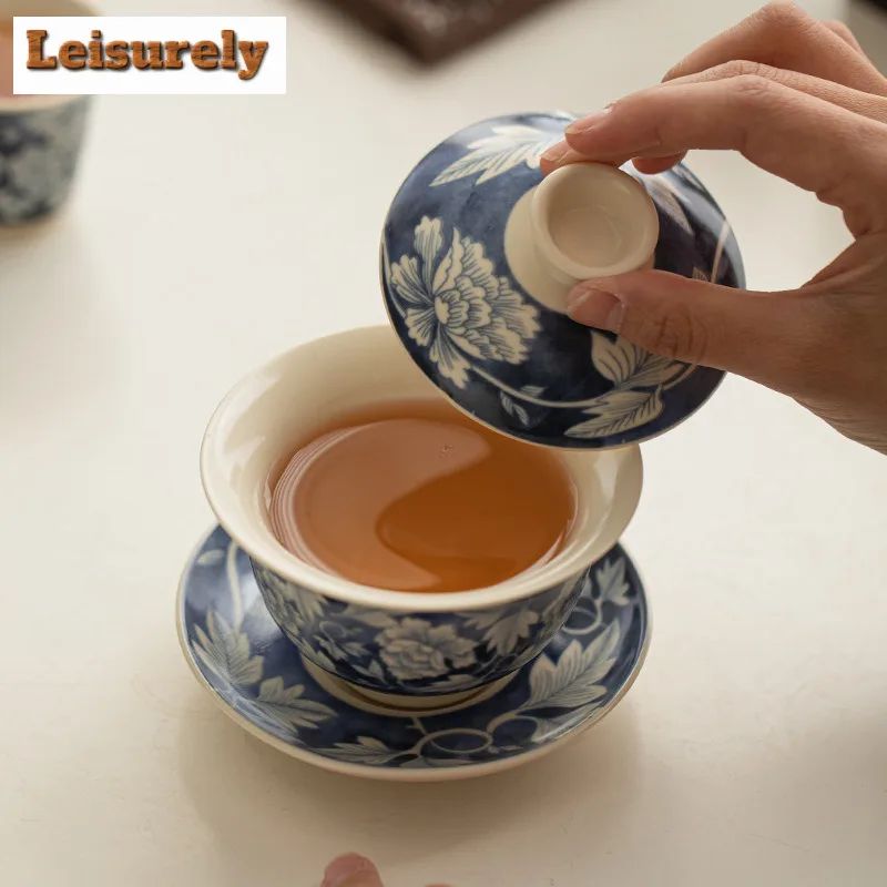 150ML Soda Glaze Yuan Blue And White Gaiwan Traditional Tea Tureen Tea Bowl With Lid Kit Tea Brewing Cover Bowl Tea Decoration