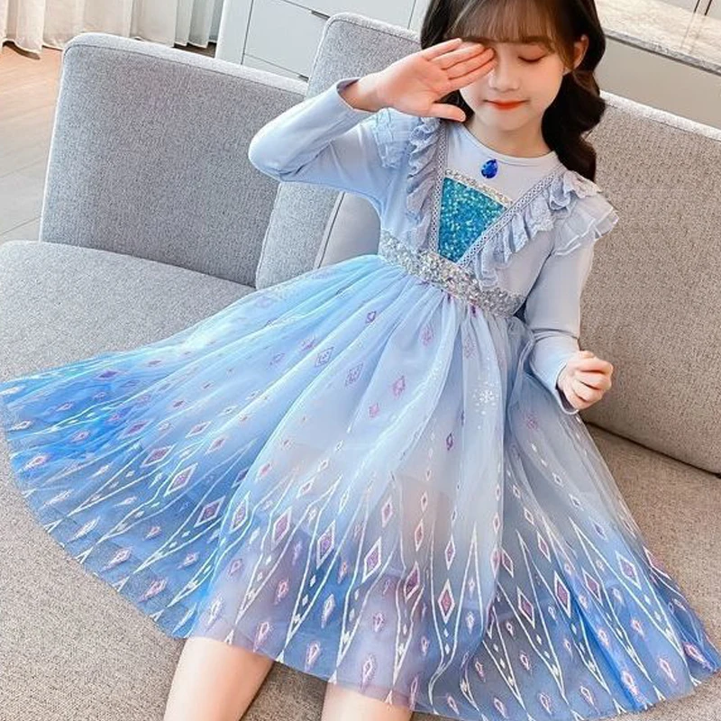 Elsa Princess Dress feminino de mangas compridas,