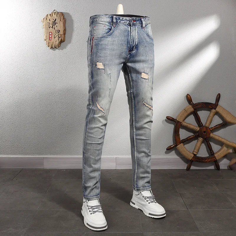 2024 New Men's Light Blue Washed Wear-White Retro Make Old Ripped Patch Jeans Men's Korean-Style Fashion Elastic Trousers retro womens jeans y2k streetwear skinny denim trousers 2023 fashion high waist pencil pants hip hop make old washed jeans