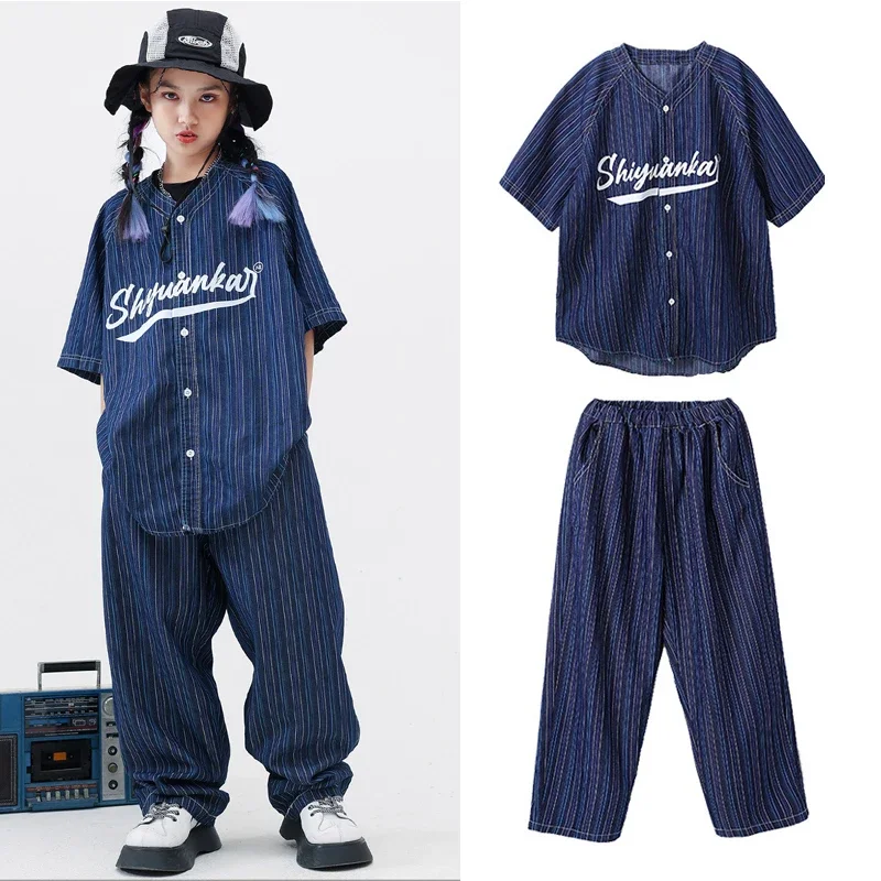 

Boys Street Dance Jazz Performance Loose Stage Wear Modern Children Costume Hip Hop Clothes For Girls Denim Shirt Pants