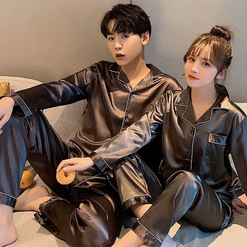 Luxury Brand Silk Sleepwear Couple Pajama Sets Long Sleeve Spring Autumn Big Size Nightwear Loungewear Spring Autumn Pajamas