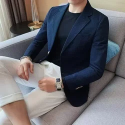 Waffle Suit Jacket Men Blazer Mature Style Casual Korean Fashion Comfort Suit Jacket Solid Color Business Fashion Coat Top