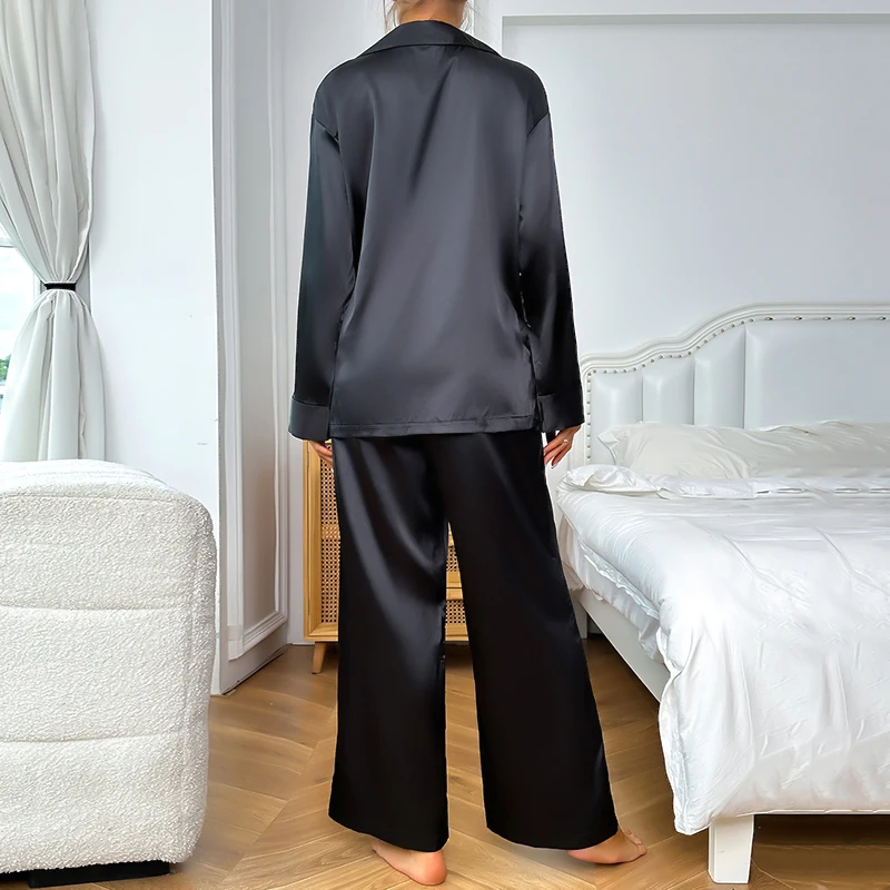 Women's Satin Silk Sleepwear Low Cut Sexy Home Clothes Pajamas For Femme Single-Breasted Long Sleeves Wide Leg Pants Trouser Set women pajamas set women pajama suit