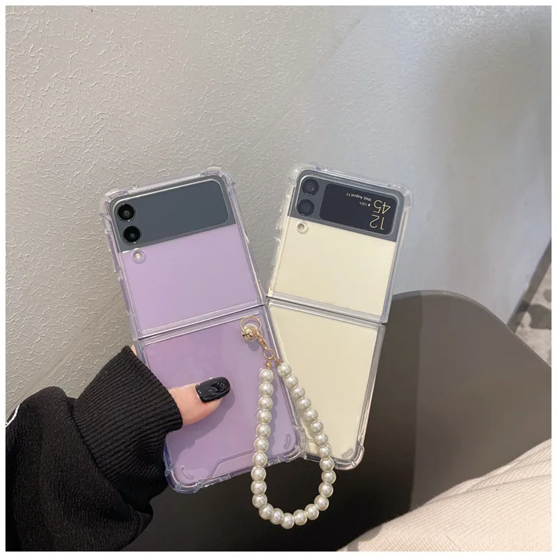 Custodia Per Telefono Con Braccialetto Di Perle Di Moda Di Lusso Per Samsung Galaxy Z Flip 5 Z Flip 3 Zflip 4 Catena A Mano Trasparente Cover Antiurto