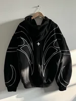 Street Retro Fashion Clothing Striped Embroidered Black Double Zipper Hoodie American Hip-hop Punk Oversized Sweatshirt women - Image 2