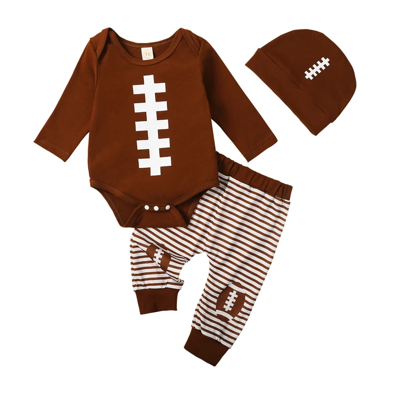 

Bmnmsl Baby Boy 3 Piece Outfit Football Print Long Sleeve Rompers and Elastic Striped Pants Beanie Hat Set Fall Spring Clothes