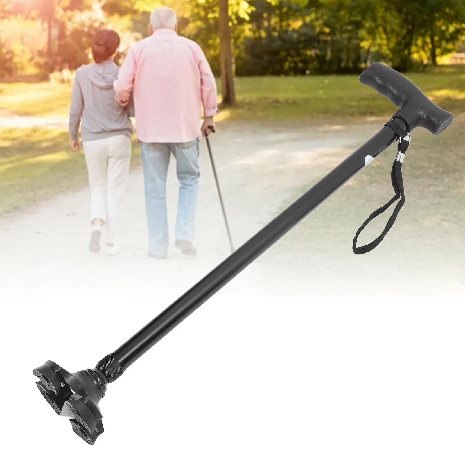 Walking cane adjustable height anti slip lightweight retractable senior walking stick 4 pronged base for mountaineering
