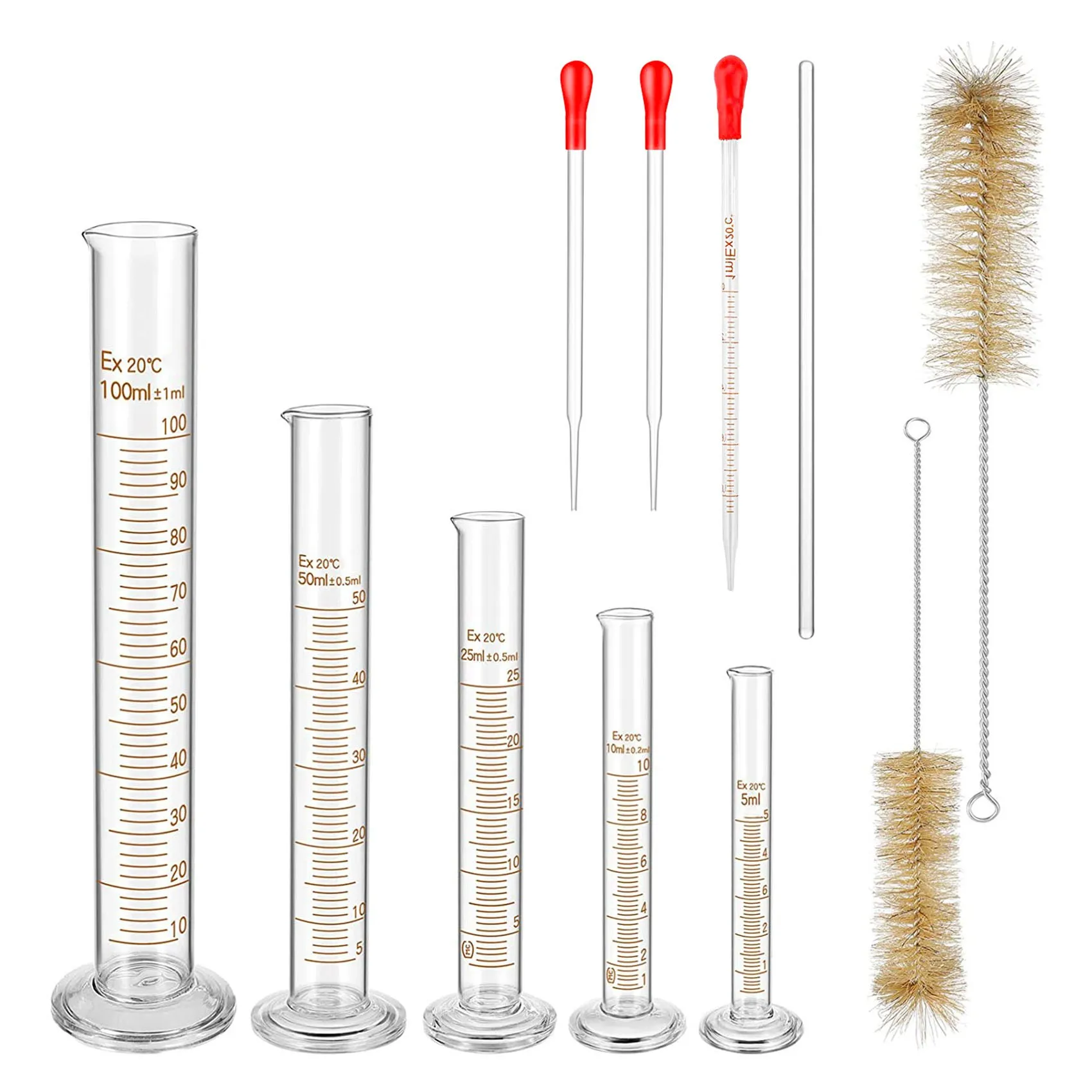 Glass Graduated Measuring Cylinders Set Premium Borosilicate Cylinders Kit 3 Pipettes + 2 Brushes + 1 Stirring Rod