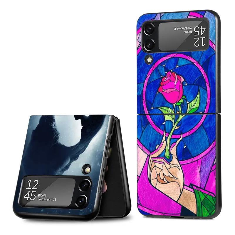 Funda 삼성 갤럭시 Z 플립 3 4 5G Flip3 Flip4 용 케이스, 블랙 PC 하드 럭셔리 백 폰 커버, 미녀와 야수 쉘