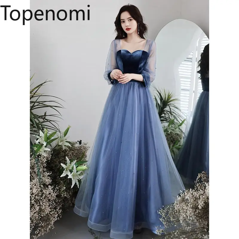 

Topenomi Elegant Evening Dress Women 2024 New Beaded Mesh Long Sleeve A-line Formal Prom Dresses Temperament Vestido De Festa