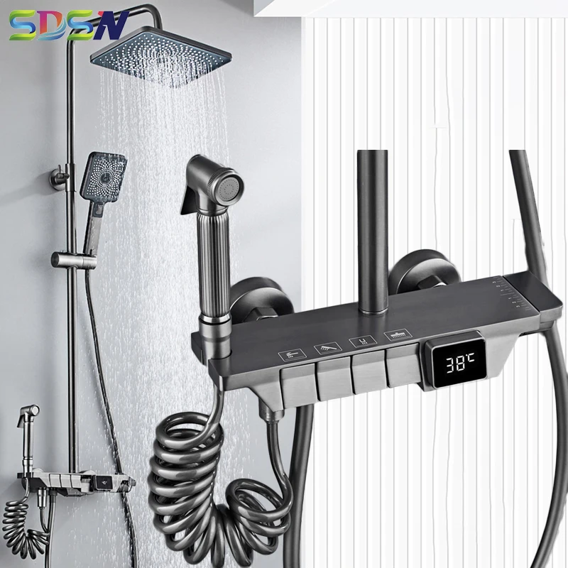 

Grey Piano Digital Bathroom Faucet Hot Cold Waterfall Bathtub Mixer Tap Rainfall Shower Head Piano Thermostatic Shower System