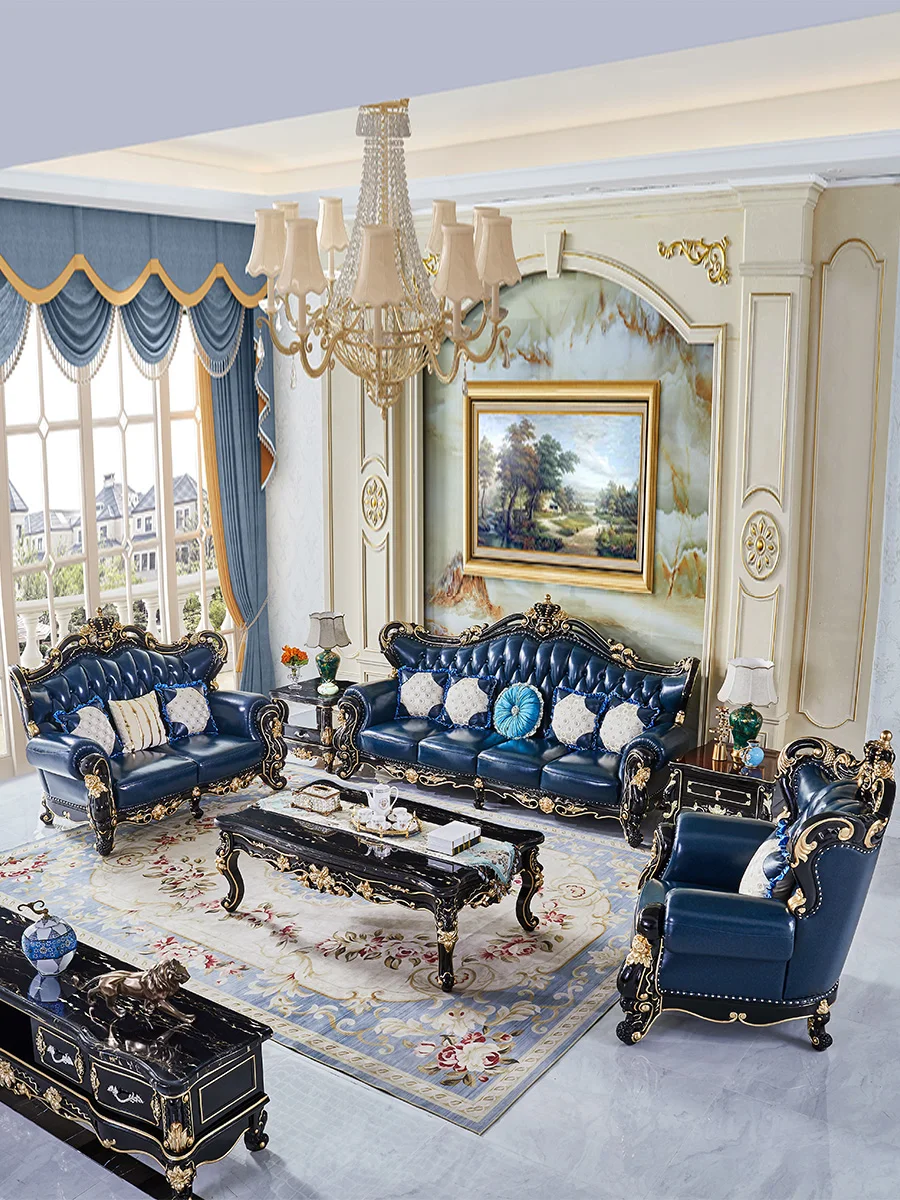 

European sofa leather combination high-end luxury villa solid wood carved ebony furniture