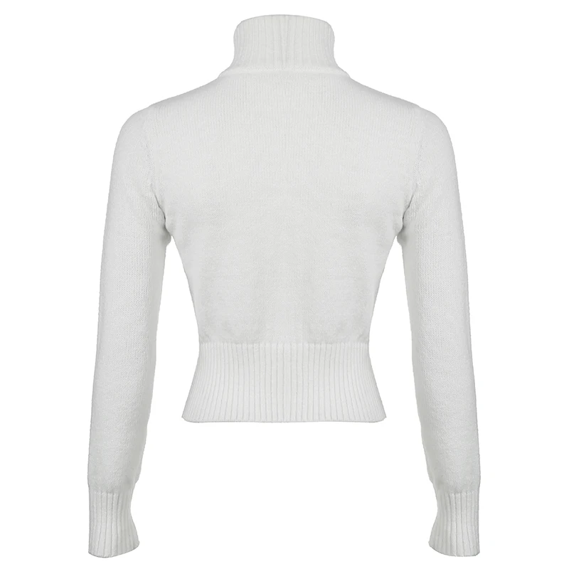 Women Letter Print Slim Zipper Sweater Turtleneck White Basic Long Sleeve Knitted Cardigan Coat Autumn Winter Outfits
