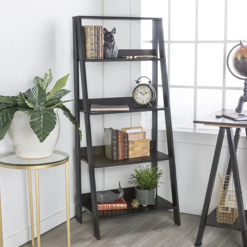

Bookshelves Park 4-Shelf Wood Leaning Ladder Bookshelf, Black Office Furniture
