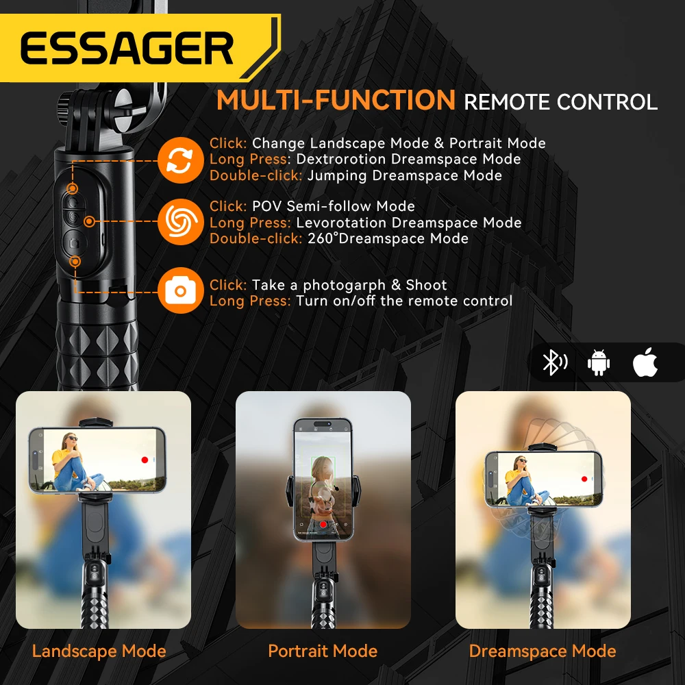 Ручной карданный штатив Essager Q09, беспроводная селфи-палка со светодиодной подсветкой, со штативом для iPhone, сотового телефона, смартфона