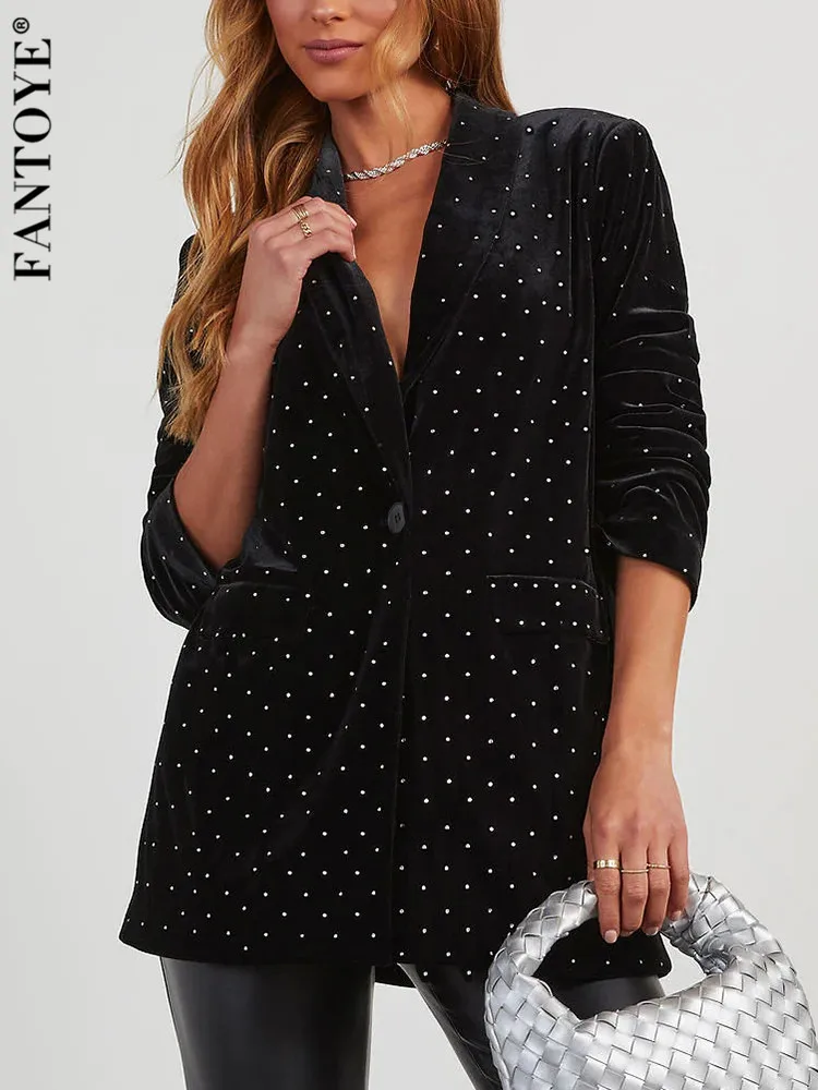 Fantoye Notched Collar Diamonds Sparkling Women Blazer Black Long Sleeve Velvet Blazer Female Winter Fashion Party Club Outfits fantoye notched collar diamonds sparkling women blazer black long sleeve velvet blazer female winter fashion party club outfits