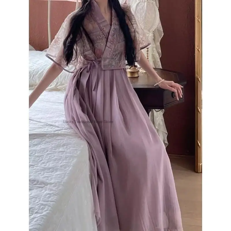 New Summer Chinese Ancient Style Improved Hanfu Fairy Dress Short Sleeve Casual Loose Style Women Chinese Retro Hanfu Set