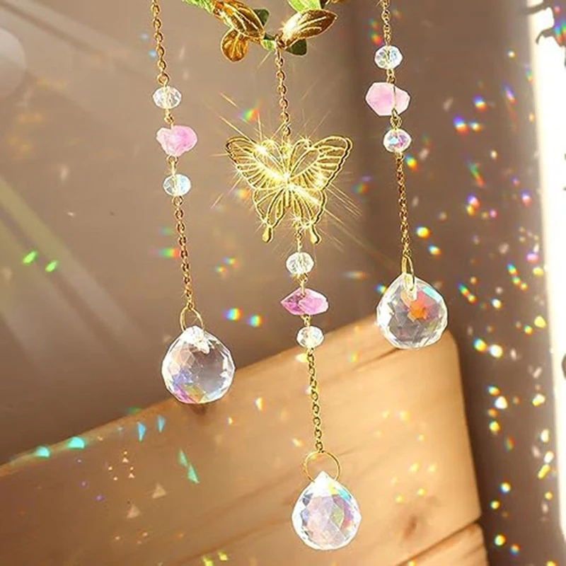 Heart Suncatchers Window Hanging, Colorful Crystal Suncatcher With Butterfly, Crystals Light Catcher With Prisms Garden
