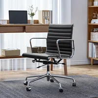 High Mid Back Ribbed Office Chair Genuine Leather Swivel Chair Adjustable Ergonomic Computer Chair with Aluminium Alloy Frame 1