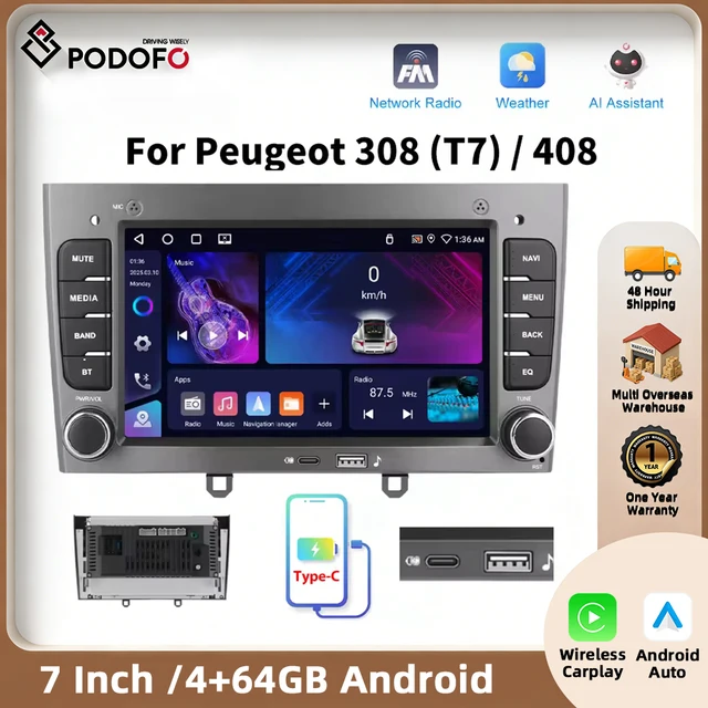 Podofo pour Peugeot 308 (T7) / 408 Autoradio sans fil CarPlay Android Auto GPS Navigation FM WiFi BT Stéréo multimédia RDS EQ 1