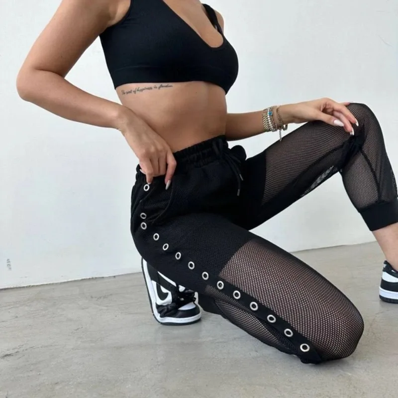 Sweatpants Trousers Women Sports High-waisted Trousers Fishnet Streetwear Loose Patchwork Letter Cutout Mesh Pants Bottom TYFS52